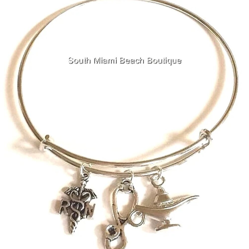 Nursing RN Caduceus Charm Bracelet Stethoscope Nightingale Lamp Graduation Gift